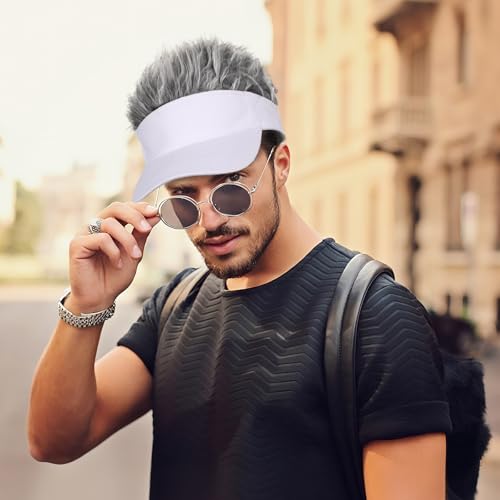 Adjustable Sun Visor Hat with Wig Spiked Hairs Fashion Baseball Golf Cap for Men & Women - color: White+grey Hair