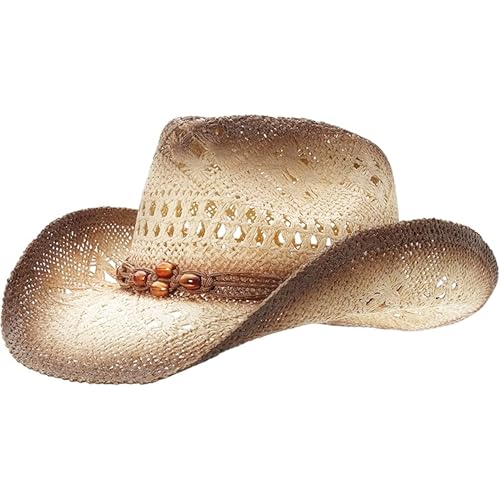 grinderPUNCH Straw Cowboy Hat for Men Women Western Cowgirl Outback Sun Hat - color: Biege
