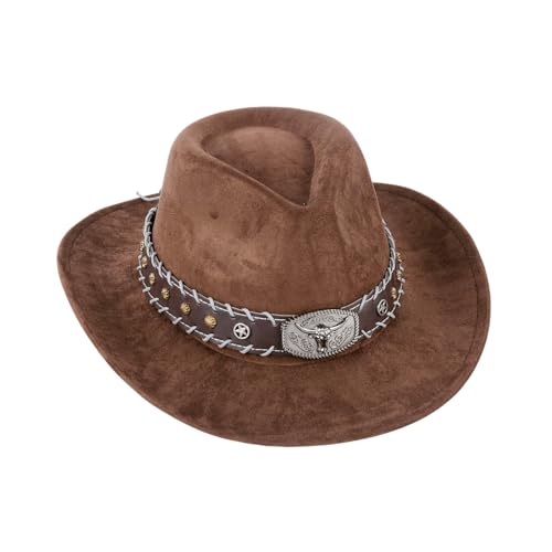 Cowboy Hat for Women and Men, Mens Western Cowboy Hats with Bull Head Womens Retro Vintage Jazz Hat Solid Color Cowgirl Hats (US, Alpha, Medium, Coffee 2)