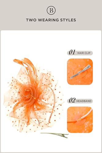 BABEYOND Fascinators Hats for Women Tea Party Flower Tulle Bead Derby Hat - color: Orange
