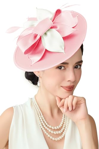 BABEYOND Derby Hats for Women Wide Brim Flower Feather Tea Party Fascinator - color: Pink