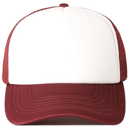 MIRMARU 5 Panels Blank Foam Front Two Tone Solid Trucker Mesh Back Baseball Cap with Adjustable Snapback Strap - color: Two Tone-burgundy/White