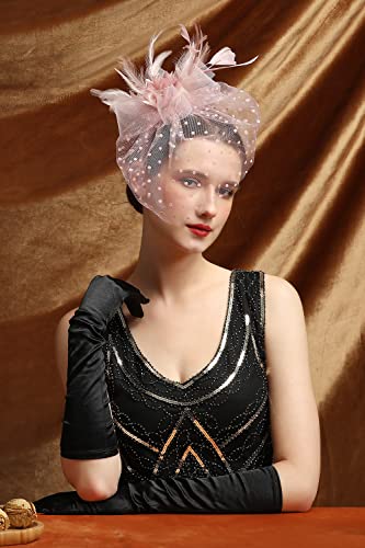 Fascinators Hat Feather Headband Women's Fascinators Tea Party Headwear with Clip Derby Hat for Girls and Women - color: 1 Pink