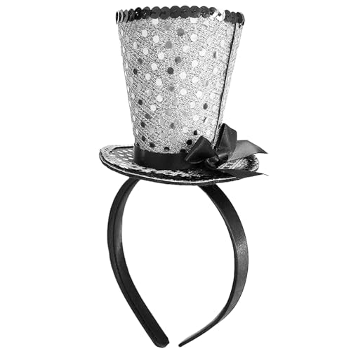 WLBON Halloween Mini Top Hat Headband 1920s Bow Sequins Hair Hoops Bands Fascinator Headpiece Hairband Women Christmas Holiday Festival Parade Cosplay Dress Up Birthday Tea Party Accessories Silver - color: Silver Tone