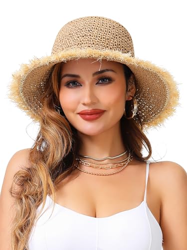 LA CARRIE Womens Sun Hat Floppy Packable Wide Brim UV Protection UPF 50+ Straw Hat with Fringe for Summer Beach - color: Khaki