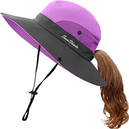 IYEBRAO Kids UV Sun Hat with Ponytail Hole UPF 50 Bucket Cap for Girls Summer Beach ＆ Fishing - color: Purple