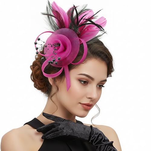 DRESHOW Fascinators Hats for Women Tulle Feather Tea Party Fascinator Hats - color: Fuchsia & Black