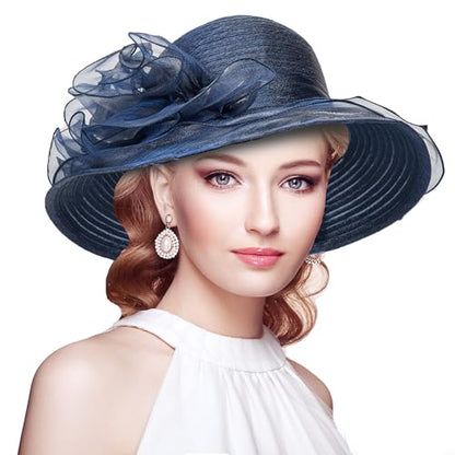 Women Kentucky Organza Derby Hat - Wide Brim Summer Sun Hat for Bridal Wedding Church Tea Party - color: Blue