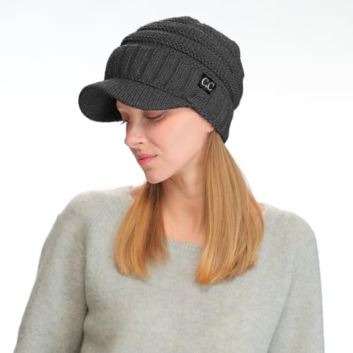 C.C Trendy Warm Oversized Chunky Soft Oversized Ribbed Slouchy Knit Hat with Visor Brim - color: Charcoal Grey