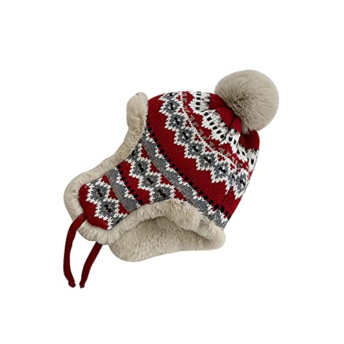 Women Winter Beanie Hat Thick Fleece Lined Warm Earflap Trapper Hat Pom Pom Jacquard Knited Outdoor Ski Snow Cap - color: Red