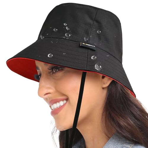 Womens Bucket Rain Hat Reversible Packable Foldable Water Repellent Cute for Ladies Travel Hiking Golf - color: Black/Red, size: Medium