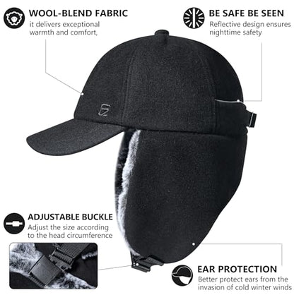GADIEMKENSD Unisex Winter Wool Baseball Cap with Faux Fur Lined Ear Flaps, Trapper Hat with Reflective Line - color: Black