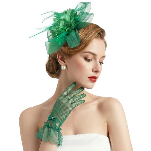 Fascinators Hats with Lace Gloves for Women Headband for Tea Party Wedding - color: Green