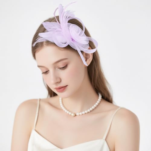 AMCAMI Fascinators Hats with Feather for Women 2026 Derby Hats Small Tea Party Hat with Headband - color: Light Purple