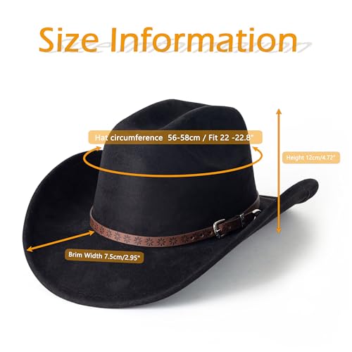 Western Cowboy Hat for Women Men Retro Suede Hat - color: Black-small Flower Belt