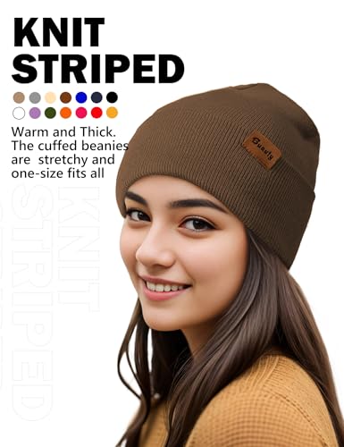 Beanie Hats for Men Women Knit Winter Hat, Warm Skull Stocking Cap, Striped Snow Hat Heated Cuffed Beanie - color: 2p-black+coffee