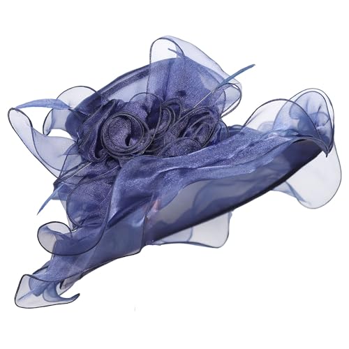 Women Oganza Sun Hat Church Wide Brim Wedding Formal Fascinator Hat - color: Navy