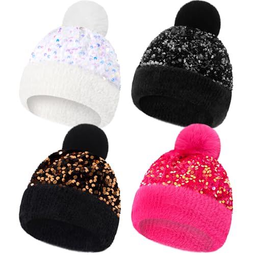 4 Pcs Sequin Pom Pom Beanie Winter - color: Black, Rose Red, White, Gold