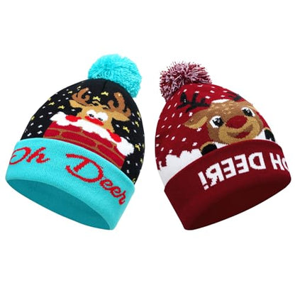Christmas Hat 2 Pack Light Up Knitted Beanie Hat Xmas Santa Holiday Cap LED Lights - color: Red+blue