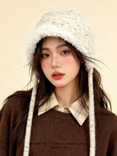 Women Winter Fleece Beanies Hat with Ear Flaps Soft Warm Crochet Skull Cap - color: A Beige