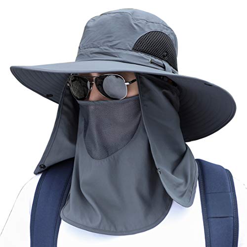 Men Women Safari Bucket Fishing Sun Hats Face Cover Neck Flap - color: Dark Gray