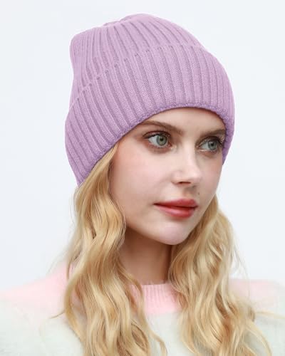 ROYBENS Womens Satin Lined Beanie for Men Wool Knit Cuffed Warm Winter Hats - color: 1pcs--light Purple