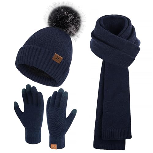 FZ FANTASTIC ZONE Women's Winter Warm Beanie Hats Scarf Touchscreen Gloves - color: Navy Blue