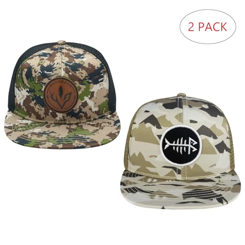 BASSDASH 2 Pack Flat Brim Trucker Cap Adjustable Snapback Hat Mesh Back for Men Women Fishing Hunting - color: Pack of 2, Highland & Mountain Camo