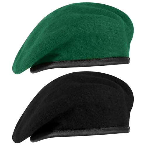 Zhehao 2 Pcs Military Beret for Army Style Men Berets Hat Adjustable Wool Vintage Hats with Leather Trim for Men Women - color: Dark Green, Black