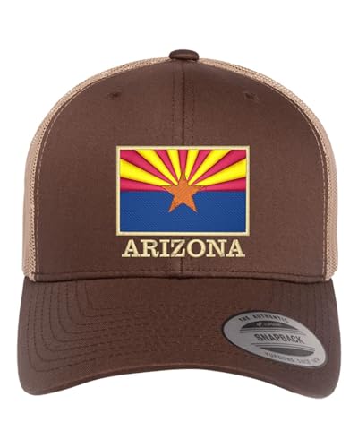 Go All Out Arizona Flag with Classy Gold Trim Arizona Pride Dad Deluxe Trucker Flatbill Baseball Structured Embroidered Hat - color: Brown/ Khaki