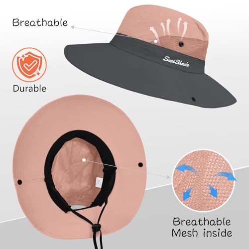 ZOORON Women's Ponytail Safari Sun Hat,Wide Brim UV Protection Bucket Hat - color: 1-pink