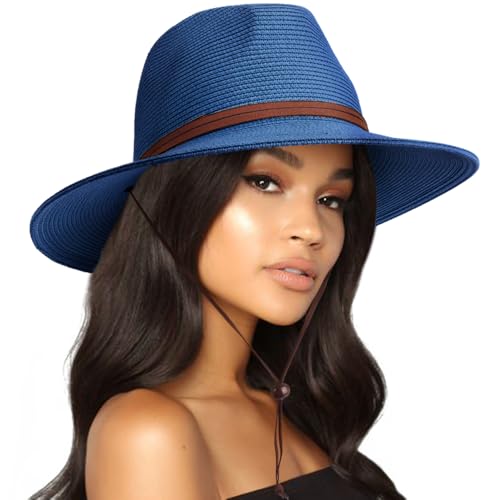 AQOKKA Summer Straw Fedora Hat for Women Men Travel Panama Hat with Wide Brim Roll Up Sun Hat for Beach Outdoor UPF 50+ - color: Panama Hat : Navy