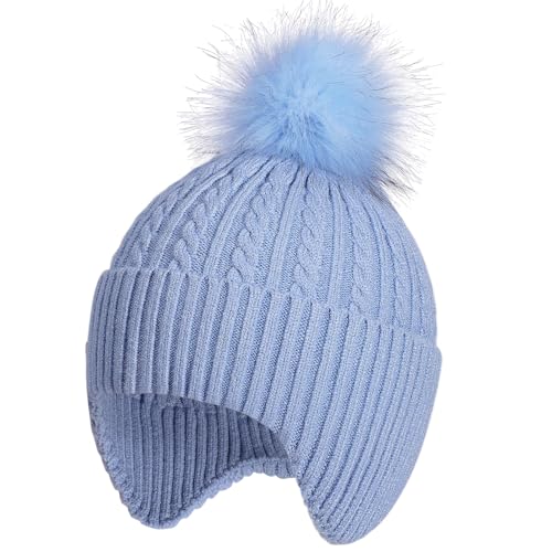 Toddler Earflap Beanie Hat with Rainbow Pom for Little Girls Knitted Beanies Kids Winter Skiing Caps Age 3-8 - color: Blue