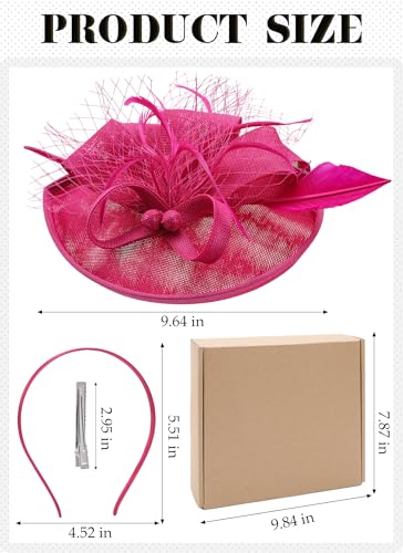 Zinniday Kentucky Fascinators Hats for Women - Vintage Tea Party Outfit Headband Church Derby Hat for Women (9.64x7.87inch) - color: Rose Red
