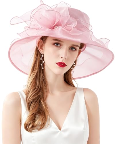 Women Derby Fascinator Hat Organza Church Wedding Hats Wide Brim Cocktail Tea Party Hat - color: 14 Pink