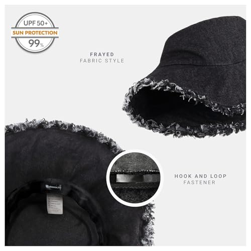 CHOK.LIDS Frayed Bucket Hat Washed Cotton Floppy Wide Brim Boonie Cap - color: Black Denim