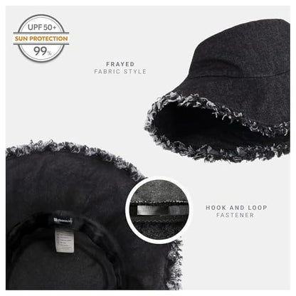 CHOK.LIDS Frayed Bucket Hat Washed Cotton Floppy Wide Brim Boonie Cap - color: Black Denim