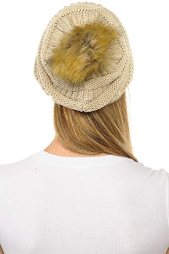C.C Hat-43 Thick Warm Cap Hat Skully Faux Fur Pom Pom Cable Knit Beanie 2 Pack - color: Beige