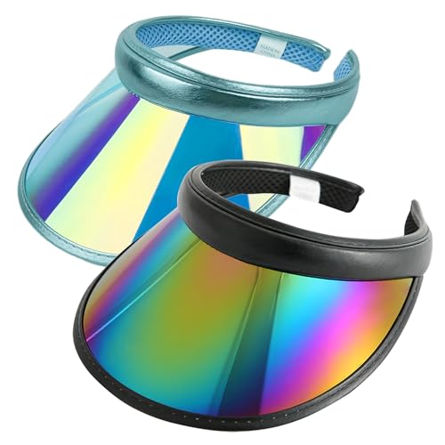 2 Pack Sun Visor Hats Women Men Clip-on Iridescent Clear Sport Outdoor Cap - color: 2pack,iridescent-blue、black