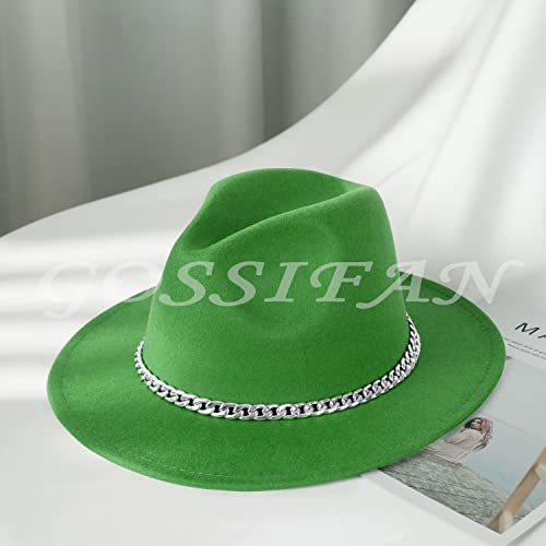 Women Men Wide Brim Fedoran Hat with Chain Belt Buckle - color: Green
