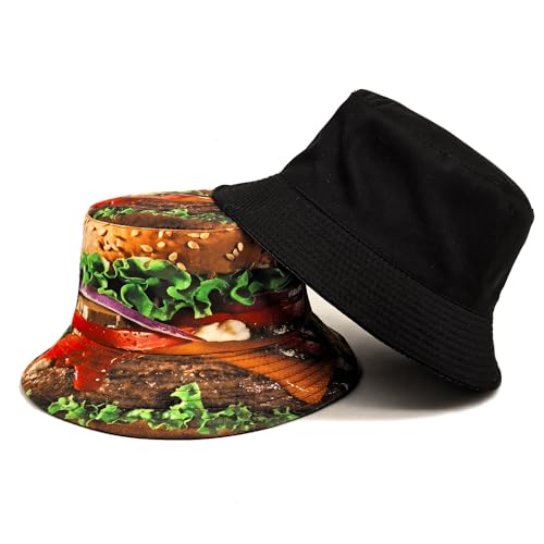 Printed Bucket Hat - Reversible Packable Summer Travel Beach Sun Cap for Men Women Teens - color: Multicolor Burger