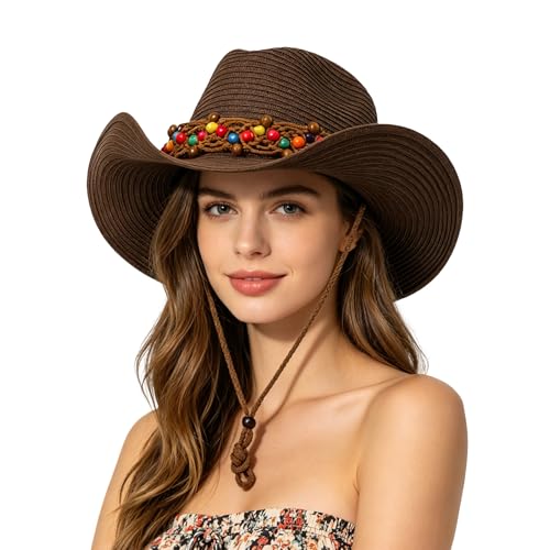 Unisex Straw Cowboy Hat Wide Brim Western Sun Hat Adjustable Beach Cowgirl Hat for Summer Outdoor Sun Protection - color: Khaki Color, Woven Strap