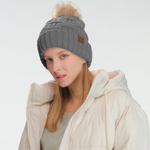 C.C Knit Beanie Hat – Fuzzy Fleece Lined Warm Winter Hat, Faux Fur Pom Soft Stretchy Slouchy Knit Cap, Cold Weather Beanie - color: Light Melange Grey