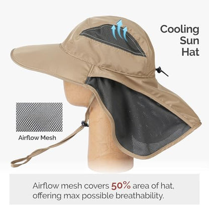 Hat Hut Ultra-Light Sun Hat with Neckflap, UPF 50+, Wide Brim, Breathable Outdoor Hiking Fishing Hats for Men - color: Khaki