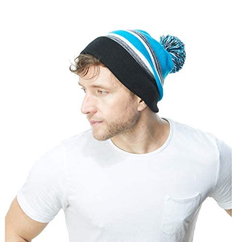 Winter Knit Beanie Hat with Pom Pom – Warm Cuffed Slouch Ski Cap for Men & Women - color: 1.black and Turquoise With Pom