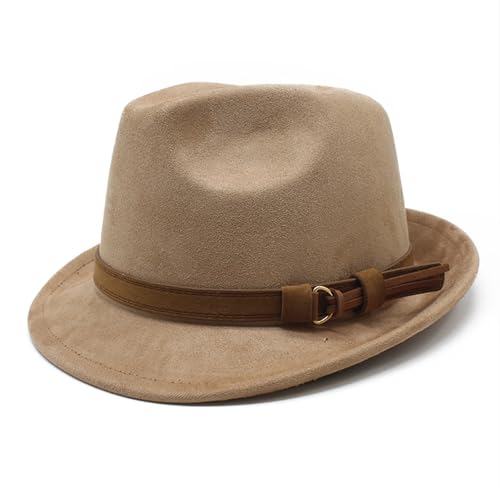 Aroncent Mens Classic Manhattan Fedora Hat: Vintage Short Brim Trilby Jazz Hat with Brown Leather Band - Business Casual Wear - color: Camle