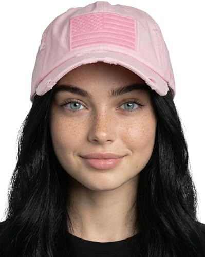 Funky Junque Distressed Baseball Cap, Vintage Embroidered Dad Hat - color: American Flag - Pink