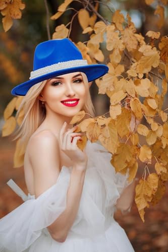 Felt Panama Hats Classic Wide Brim Fedoras Dress Hat - color: Royal Blue