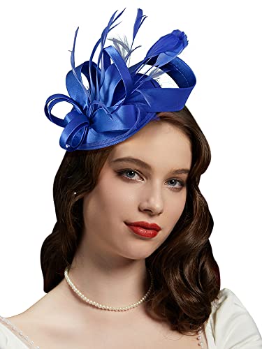 Kentucky Derby Fascinators for Women High Tea Party Hat Wedding Cocktail Flower Headware with Mesh and Feathers - color: Y-blue