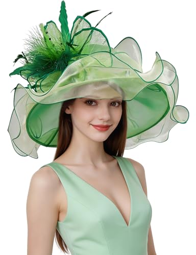 Organza Church Derby Hats for Women Wedding Tea Party Fascinator Floral Wide Brim Sun Hat - color: Style05 Light Green